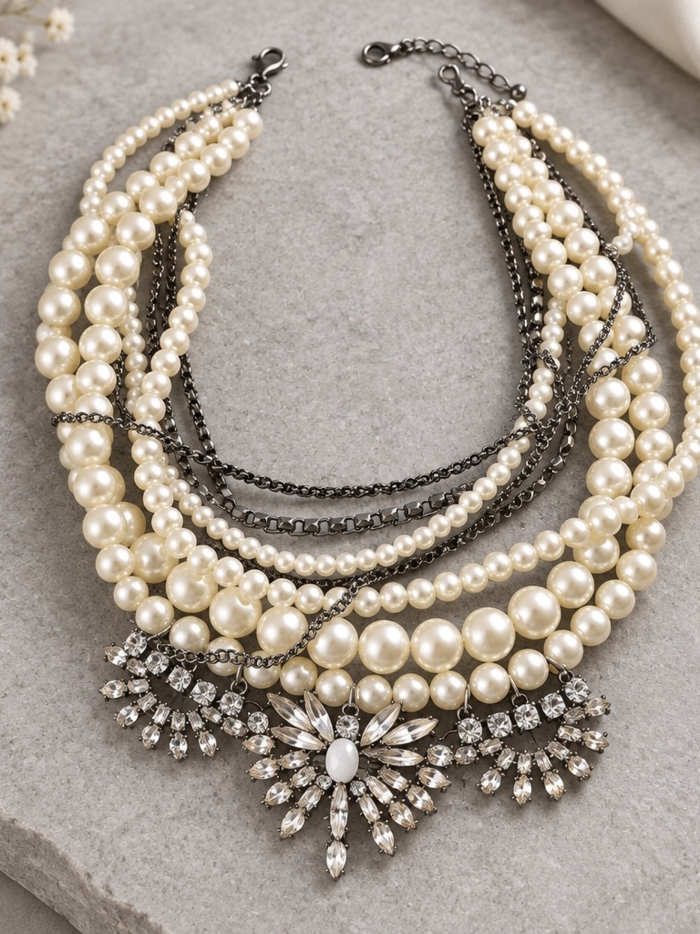 Vintage 90s Nordstrom Pearl Bib Statement Necklace | Layered Crystal Rhinestone